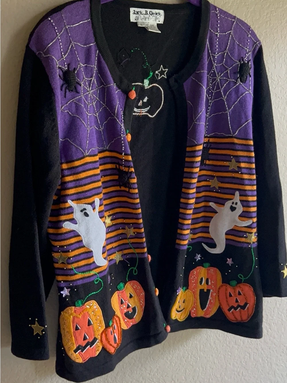Jack B. Quick Halloween Cardigan Sweater - Black with Ghosts, Spiders, Pumpkins - Picture 8 of 9